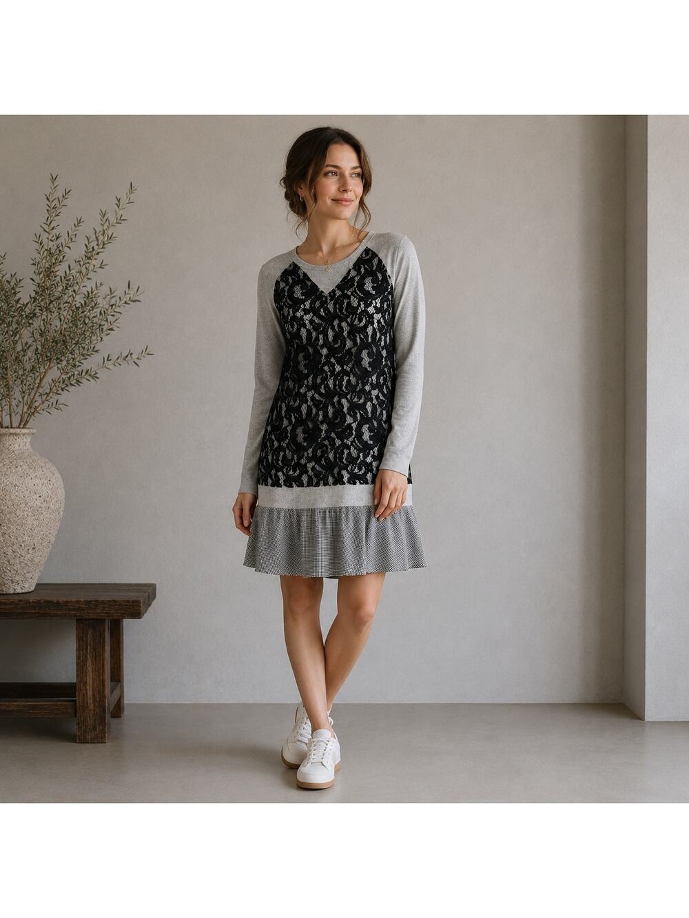 Carven Gray Lace Sweater Gingham Seersucker Combo Mini Dress Small